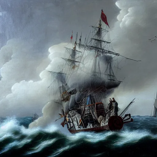 Prompt: A old pirate sailship on a stormy sea getting attacked by a British ship of the line, oil painting, 4k, high detail, godrays, smooth, sharp, gloomy, bloom