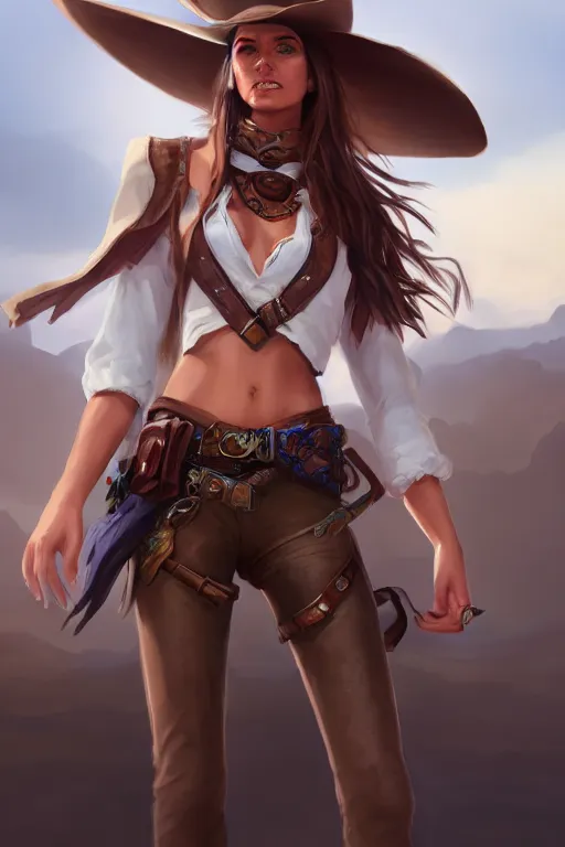 Image similar to full body, female cowgirl, perfect face, white blouse, holster, 8 k, magic the gathering, desert, d & d, artstation, high detail, smooth, sweaty