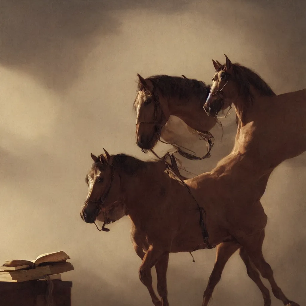 Image similar to a horse reading a book, cinematic lighting, evening sunlight, by roberto ferri and jeremy lipking, hyper detail, hyper realistic