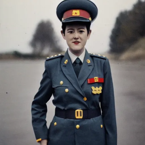 Image similar to Tracey Thorn as a North Korean officer, full body shot, 35mm film