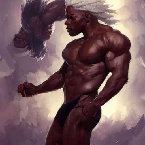 Image similar to wow! fanart, beautiful muscular black man with white hair and a protruding jaw, with visible pectoral muscles, d & d, high fantasy, detailed, digital art, artstation, smooth, sharp focus, art by artgerm, greg rutkowski, alphonse mucha