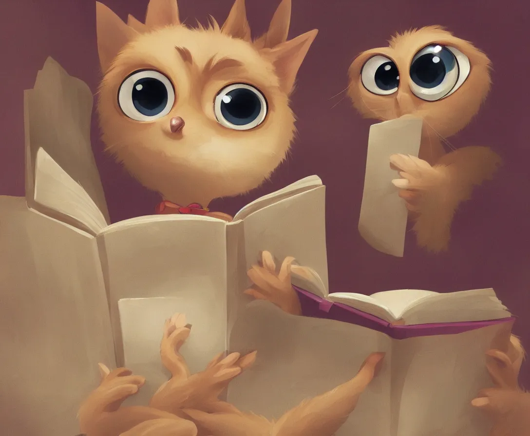 Prompt: a portrait of a single cute furry creature with large eyes reading a book, cute features, soft tones, vibrant colors, adorable, pixar, disney