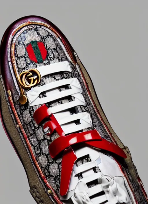 Image similar to hyperrealistic and heavy detailed product photo gucci shoe of albert einstein, in front of white back drop, whole shoe is in picture, leica sl 2 5 0 mm, vivid color, high quality, high textured, real life