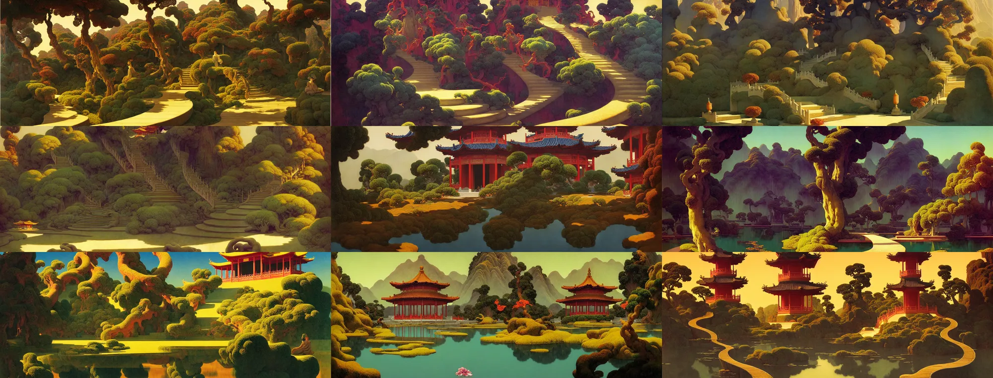 Prompt: a gorgeous landscape painting by barlowe wayne maxfield parrish and marco mazzoni. chinese temple. the winding steps. ultra clear detailed. 3 d, octane render. turbulent blood lake.