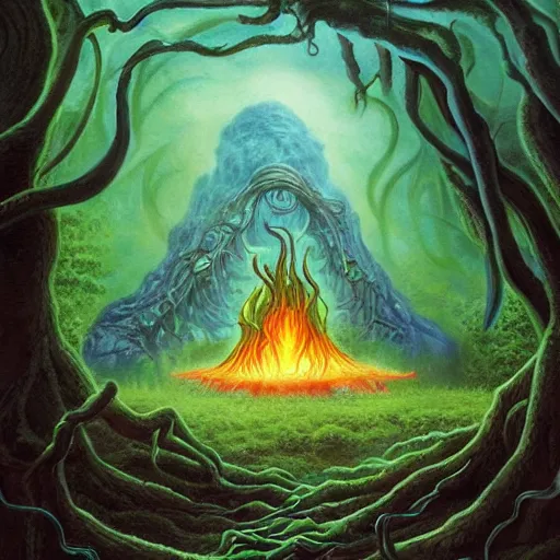 Prompt: a beautiful matte painting of an eldritch horror emerging out of an evil flaming and smoking portal into a lush forest, art by kelly freas and joe sorren, f 1 6, trending on artstation