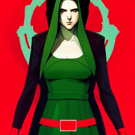 Image similar to Phil Noto comic art, artgerm, Joshua Middleton, cinematics lighting, beautiful Anna Kendrick supervillain Enchantress, green dress with a black hood, angry, symmetrical face, Symmetrical eyes, full body, flying in the air over city, night time, red mood in background