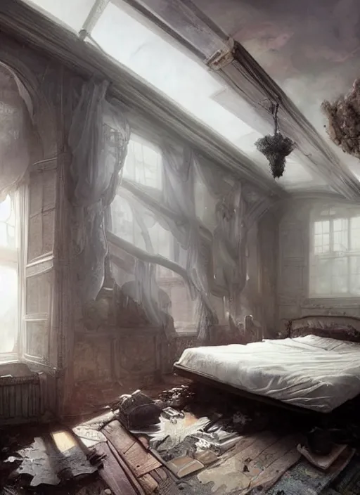 Image similar to a dreary bedroom, but floating above the bed are fantastical scenes of dreams, dreams invading mundane spaces, fantasy infiltrating reality, wisps of the impossible, 8k, ultradetailed, illustrated by Greg Rutkowski and Caspar David Friedrich.