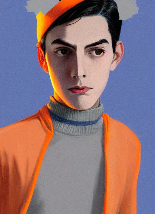 Image similar to portrait of teenage jughead jones wearing a light grey crown, crown, light grey crown, blue turtleneck, 1 9 5 0 s, closed eyes, intricate, peach and orange lighting, elegant, glowing lights, highly detailed, digital painting, artstation, concept art, smooth, sharp focus, illustration, art by wlop, mars ravelo and greg rutkowski