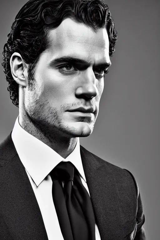 Image similar to portrait of henry cavill wearing an elegant tuxedo, 5 5 mm lens, professional photograph, black and white, elegant, serious, stern look