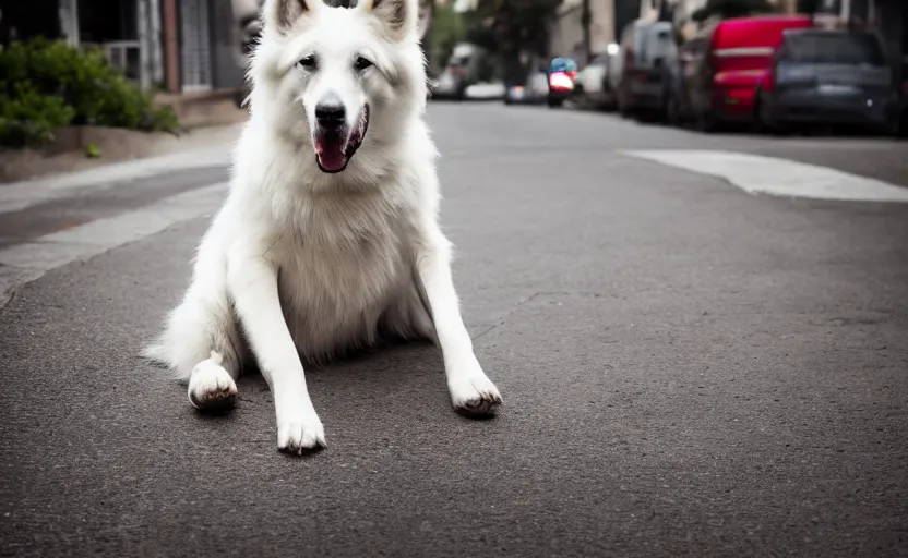 Image similar to studio photography of a sad dog sitting alone on a street, detailed face, 8 k