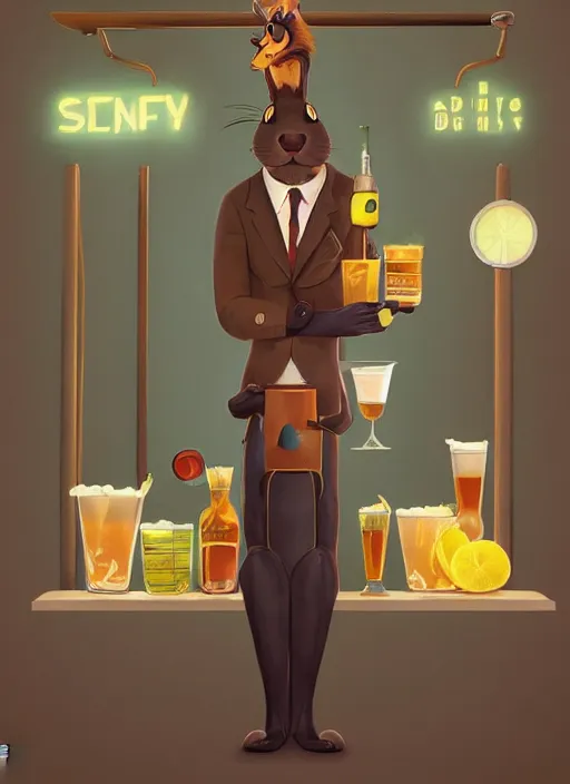 Image similar to squirrel anthro as a dapper bartender with a big fluffy tail, retro futurism, art deco, detailed painterly digital art by Cory Loftis WLOP, 🐿🍸🍋, furaffinity, trending on artstation