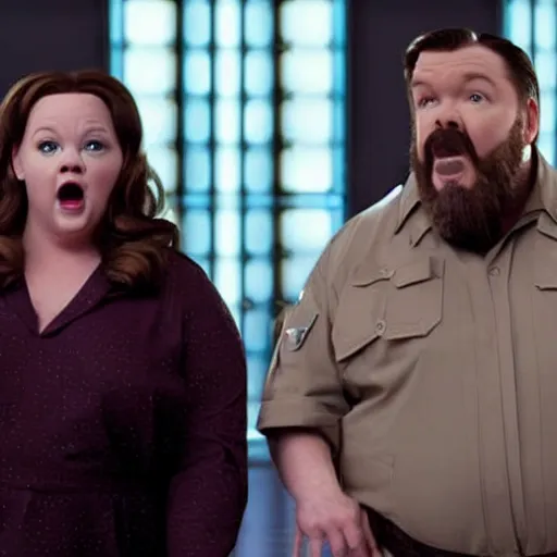 Image similar to cinematic still from a sci - fi absurdist comedy with melissa mccarthy as ricky gervais