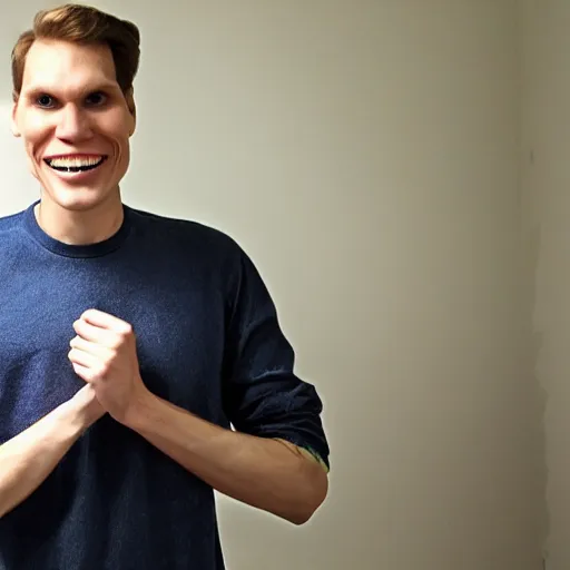 Image similar to jerma looking at the camera with an abnormally large smile