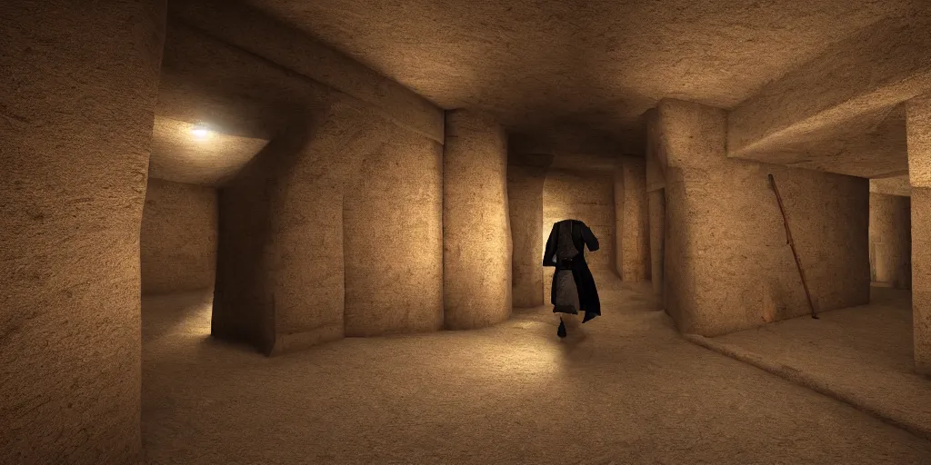 Image similar to A Egyptian Archeologist walking down a staircase into a dark Ancient decorated Egyptian Sandstone tomb, retrofuturism, texture, volumetric lighting, high details,