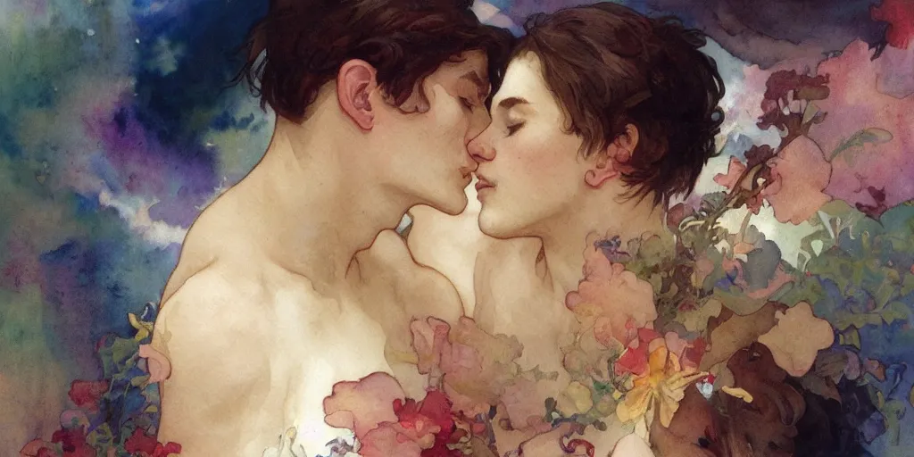 Prompt: a beautiful watercolor painting of a man kissing a woman, reflexions, verry high details, colorfull, by william turner art, by greg rutkowski, by alphonse mucha, by james jean, by rossdraws, by frank franzzeta, by sakimichan, trending on artstation, very very detailed, masterpiece,