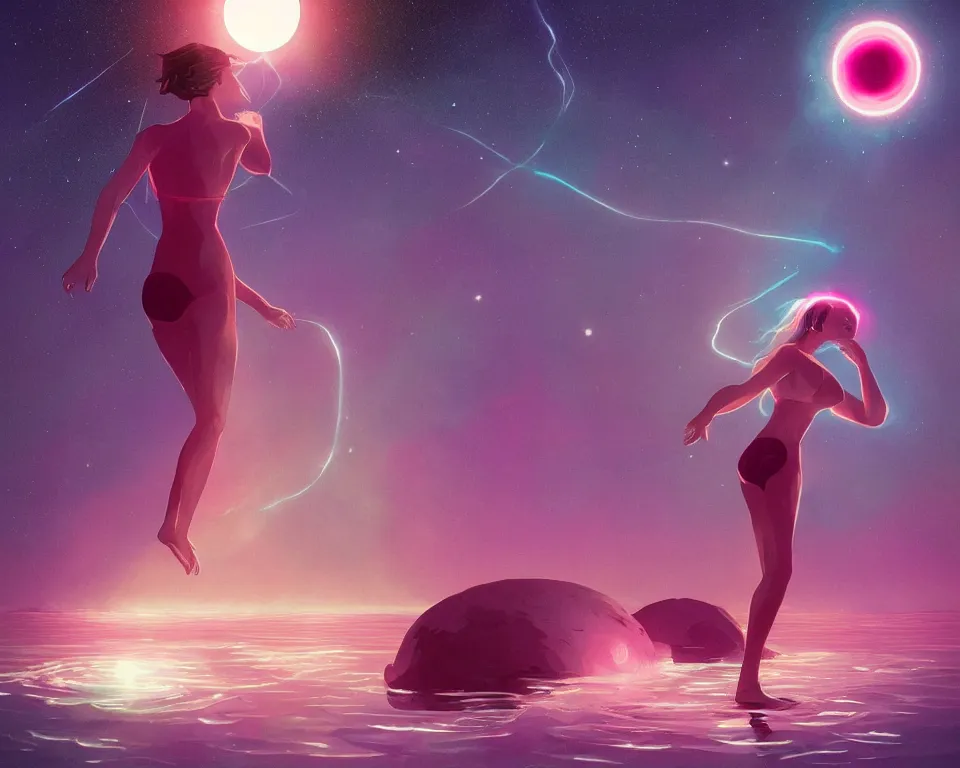 Prompt: beautiful determined goddess standing on a lake basking in the moonlight, conjuring a demon, underneath a multi-colored binary blackhole with an accretion disc, glowing trails following her arms, wearing professional makeup, synthwave, by Lois van Baarle, by Greg Rutkowski, by artgerm, by beeple, by studio ghibli, cinematic angle, volumetric lighting, 4k resolution, octane render, trending on artstation, masterpiece