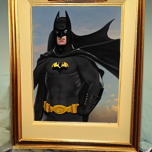 Image similar to Painting of Batman. Art by William Adolphe Bouguereau. During golden hour. Extremely detailed. Beautiful. 4K. Award-winning.