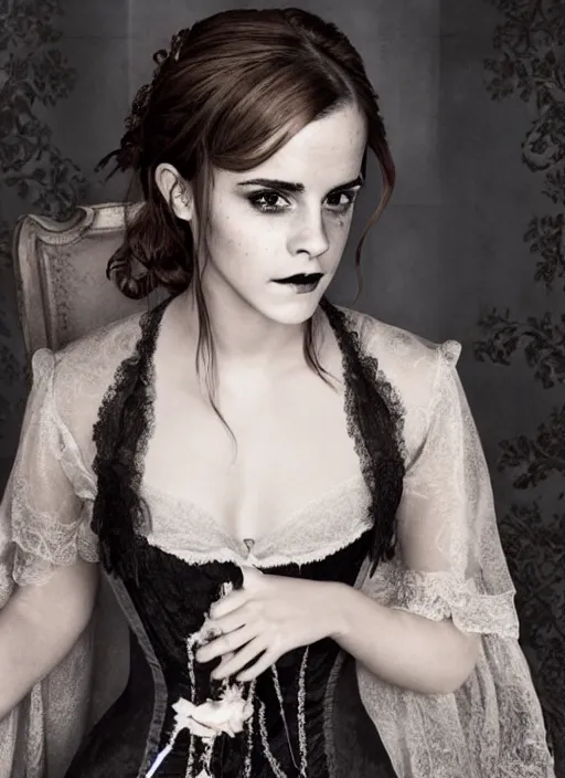 Image similar to Emma Watson for Victorian Secret as dark goth, perfect face, full length shot, XF IQ4, 150MP, 50mm, f/1.4, ISO 200, 1/160s, natural light, Adobe Photoshop, Adobe Lightroom, DxO Photolab, Corel PaintShop Pro, rule of thirds, symmetrical balance, depth layering, polarizing filter, Sense of Depth, AI enhanced