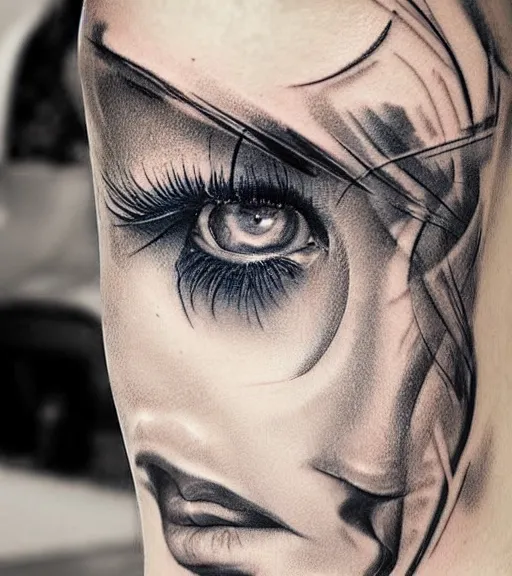 Image similar to tattoo design sketch of a beautiful blue - eyed woman face with a faded background of beautiful mountains and nature on her side, hyper - realistic, in the style of den yakovlev, amazing detail, black and white