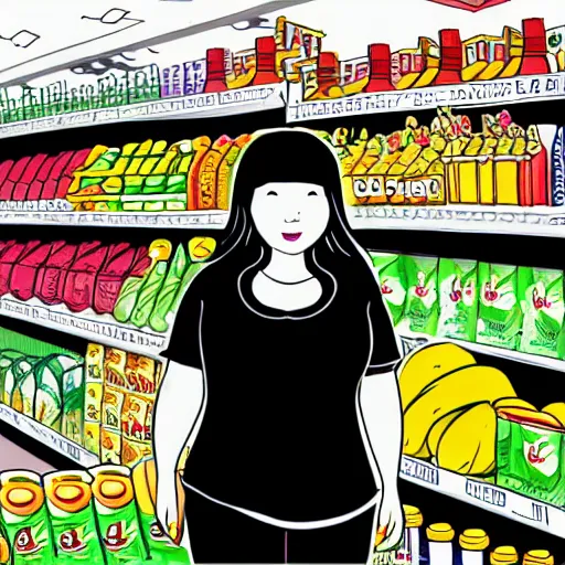 Image similar to cute penial drawing of a slightly chubby 28 year old Korean woman standing in a grocery store next to the bananas