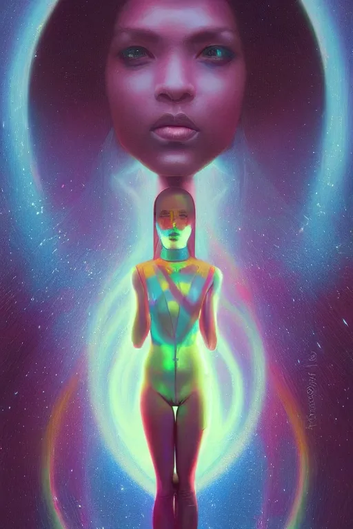 Image similar to patron saint of 🛸🌈👩🏾, futuristic clothing, neon god of city character portrait, in the style of moebius, tom bagshaw, and waterhouse, cinematic lighting, beautiful, elegant, oil painting,