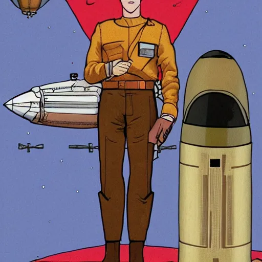 Prompt: handsome butch princely heroic square - jawed emotionless serious blonde woman aviator, with very short butch slicked - back hair, wearing brown leather jacket, standing in front of small spacecraft, illustration, science fiction, highly detailed, ron cobb, mike mignogna