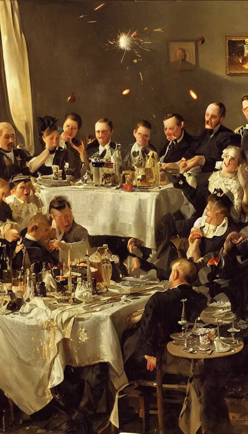 Prompt: still life painting of birthday party getting exploded by nuke, by Peder Krøyer, dramatic lighting, epic, gargantuan, intricate detail, canvas print