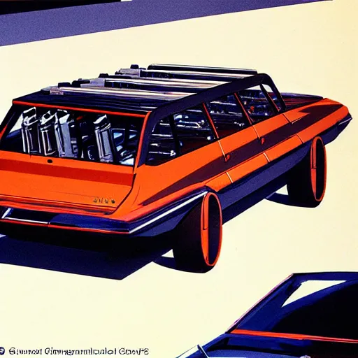 Prompt: concept art for a station wagon covered in mounted guns, painted by syd mead, high quality