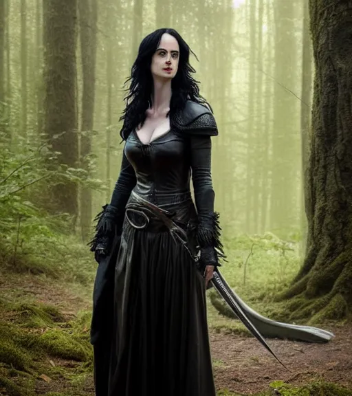 Image similar to 5 5 mm close up portrait photo of krysten ritter as yennefer of vengerberg in black leather armor and long black wavy hair, in a forest. magical atmosphere. art by greg rutkowski. lifelike. very detailed 8 k. intricate. soft light. nikon d 8 5 0.