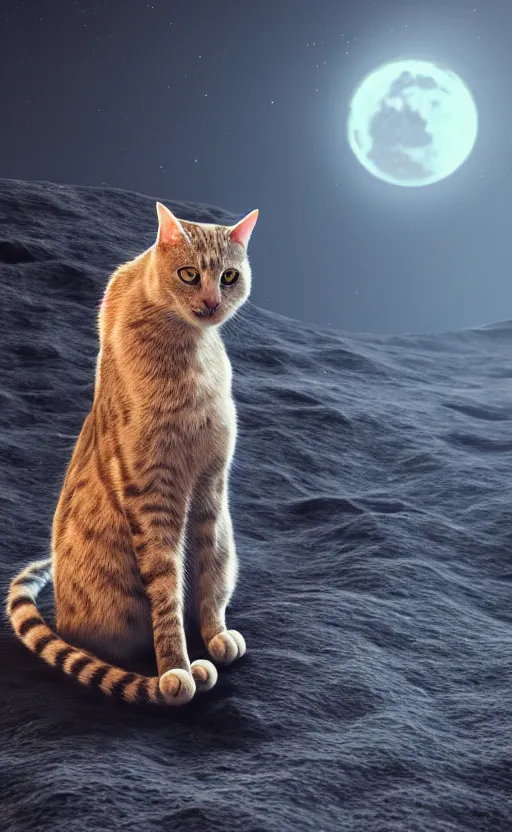 Prompt: a cat sitting on the surface of the moon, Photo, 4k,octane render, photorealism, concept art, deviant art, cyberpunk, bladerunner High definition, ultra realistic, 35mm