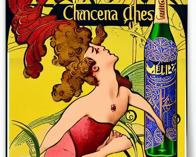 Image similar to art nouveau tin poster, dancer, melchizedek champagne bottle. cheerful, bright