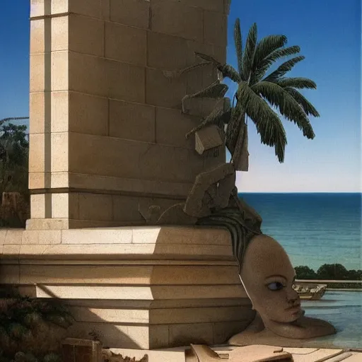 Prompt: David Ligare masterpiece, hyperrealistic surrealism, award winning masterpiece with incredible details, epic stunning, infinity pool, a surreal vaporwave liminal space, highly detailed, trending on ArtStation, broken giant marble head statue ruins, calming, meditative, geometric liminal space, palm trees, very vaporwave, very very surreal, sharp details