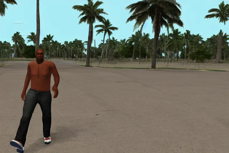 Prompt: carl johnson walks down the runway, renderware engine