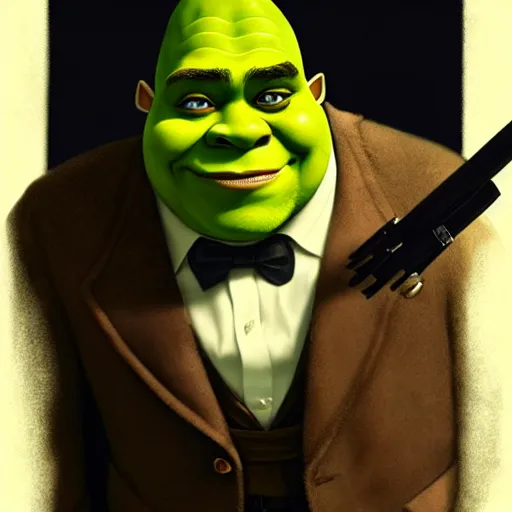 Image similar to handsome shrek in a tuxedo, highly detailed, digital painting, artstation, concept art, sharp focus, illustration, art by greg rutkowski and alphonse mucha