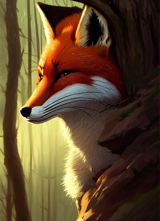 Image similar to a film still portrait of a fox rogue, finely detailed features, cinematic lighting, perfect art, brian jacques redwall woodland, forest, intricate, artstation, trending on pixiv fanbox, painted by brian jacques greg rutkowski, studio ghibli, fantasy, 4 k