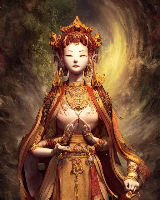 Prompt: character portrait of a contented female bodhisattva, praying, color page, 4 k, tone mapping, doll, akihiko yoshida, james _ jean _ andrei _ riabovitchev _ marc _ simonetti, yoshitaka amano, digital illustration