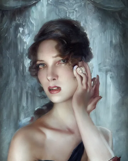 Image similar to daniel gerhartz and tom bagshaw close portrait digital painting of a 1 9 2 0 s beautiful woman at a party in a mansion, strong contrast, unreal engine, hyper realism, realistic shading, cinematic composition, realistic render, octane render, detailed textures, photorealistic, ultrawide shot, 3 5 mm film