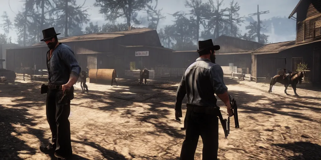 Prompt: A crossover game between Max Payne 3 and Red Dead Redemption 2, screenshot