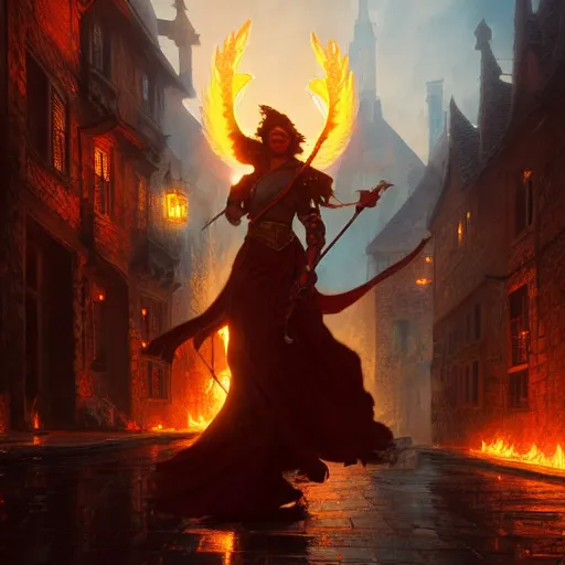 Image similar to Phoenix in fire flying through a medieval town by night, DnD character, unreal engine, octane render, dramatic lighting, pond, digital art, by Stanley Artgerm Lau, greg rutkowski, thomas kindkade, alphonse mucha, loish, norman Rockwell