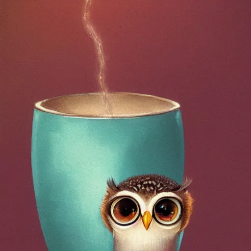 Image similar to long shot of a very cute owl chick sitting inside a very beautiful cup, by esao andrews, by james jean, marc simonetti, by victo ngai, humorous illustration, hyperrealistic, big depth of field, fresh colors, dim light, 3 d octane render conceptart, 4 k, hyperdetailed, trending on artstation