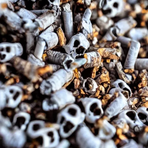 Prompt: close up of bottom half of human skull filled with cigarette butts, dark blurry background