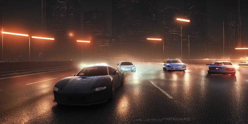 Image similar to photorealistic action photography of street car race on the roads dark, wet, night light fixtures. 8K. detailed. photorealism. artstation. 25mm f/1.7 ASPH Lens. ultra realistic