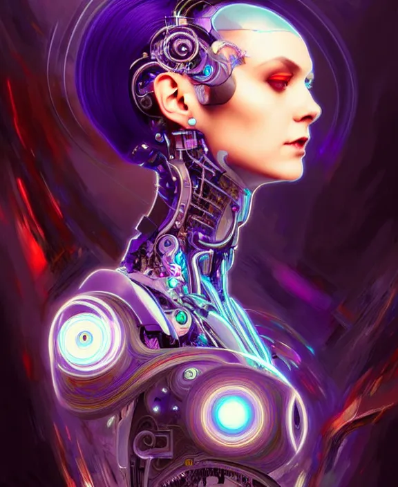 Image similar to a whirlwind of souls rushing inside the metaverse, hologram, half body, neurochip, shaved temple, piercing, jewelry, android, cyborg, cyberpunk face, by loish, d & d, fantasy, intricate, elegant, highly detailed, colorful, digital painting, artstation, concept art, art by artgerm and greg rutkowski and alphonse mucha