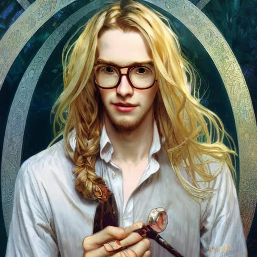 Prompt: handsome tall white boy with long blonde hair and glasses by Stanley Artgerm Lau, greg rutkowski, thomas kindkade, alphonse mucha, loish, norman Rockwel