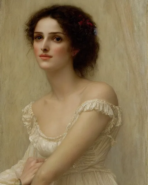 Image similar to portrait en buste of winona ryder in repose by Hughes Merle, Pierre Auguste Cot, perfect detailed eyes, realistic fabric, abundant detail, kiera knightley
