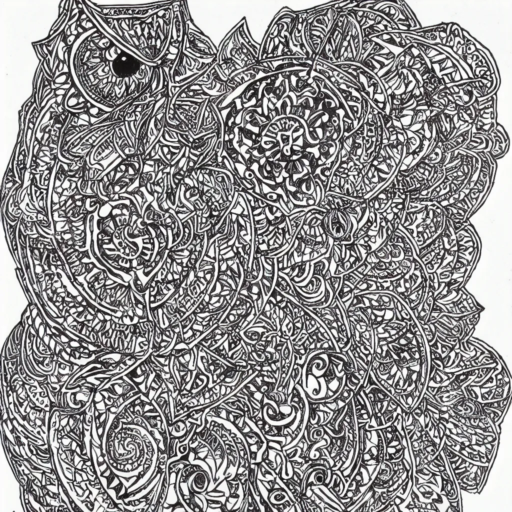 Image similar to symmetric owl mandala ink drawing