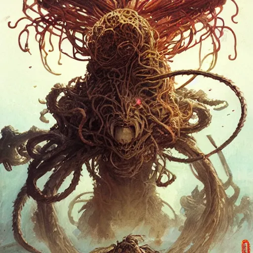 Image similar to cinematic portrait of the flying spaghetti monster by greg rutkowski and frank frazetta and peter mohrbacher and marc silvestri