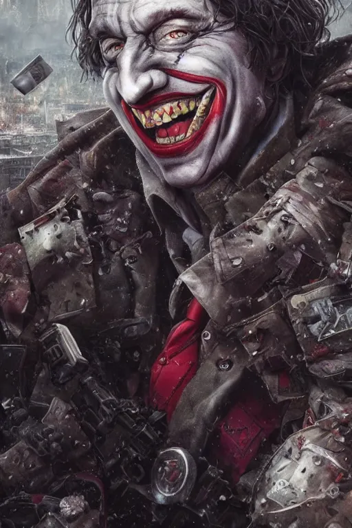 Image similar to portrait of vladimir putin as a joker in a city destroyed by war, realistic, high definition, 4 k, shimmering color, hyper detailed, art of greg rutkowski and magali villeneuve and artgerm