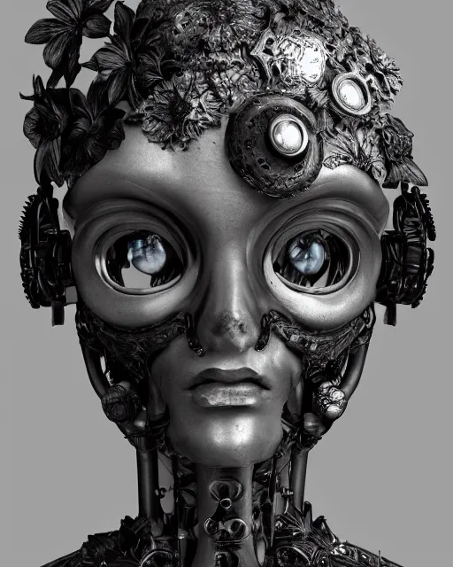 Image similar to black and white dreamy foggy smoky profile face portrait, one silver steampunk eye biomechanical beautiful young female cyclope - cyborg - robot bust, body ribs meshes,, volumetric light, hibiscus flowers, by hg giger, rim light, by dora maar and cecile beaton, big gothic fashion pearl embroidered collar, 8 k