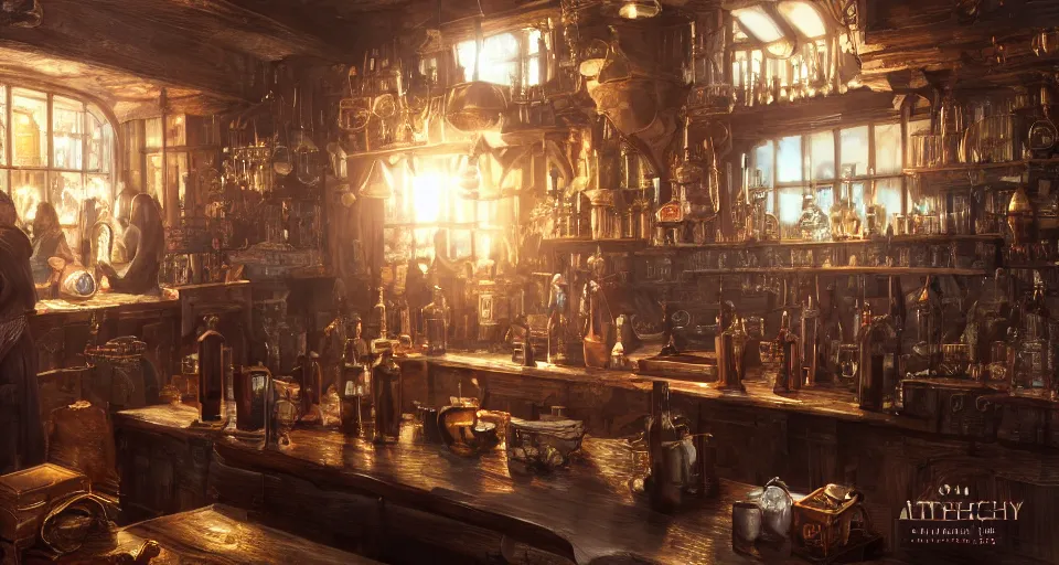 Prompt: alchemy tavern, hyperdetailed, artstation, cgsociety, golden hour 8 k, volumetric lighting, could tones